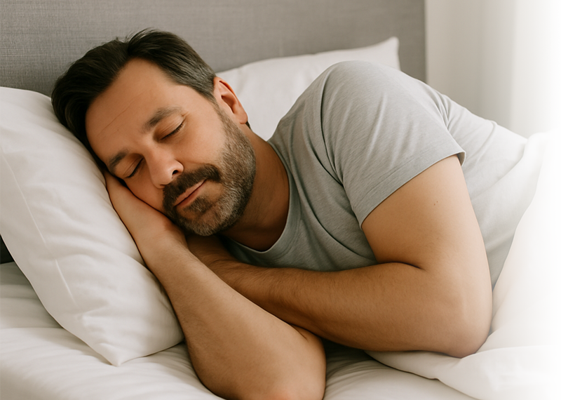 Mann schläft entspannt in Seitenlage auf einer ergonomischen Matratze